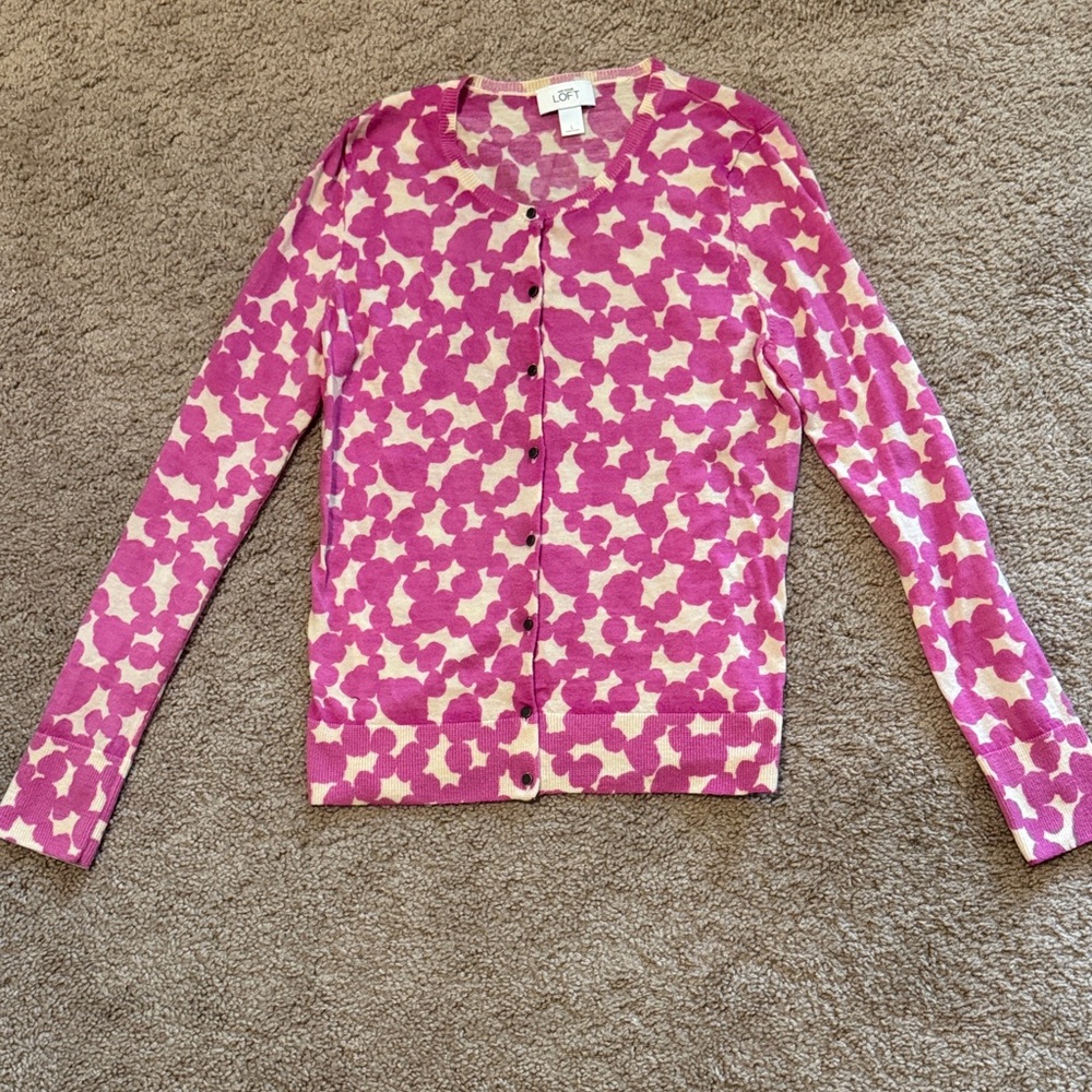 LOFT Pink and Cream Patterned Cardigan